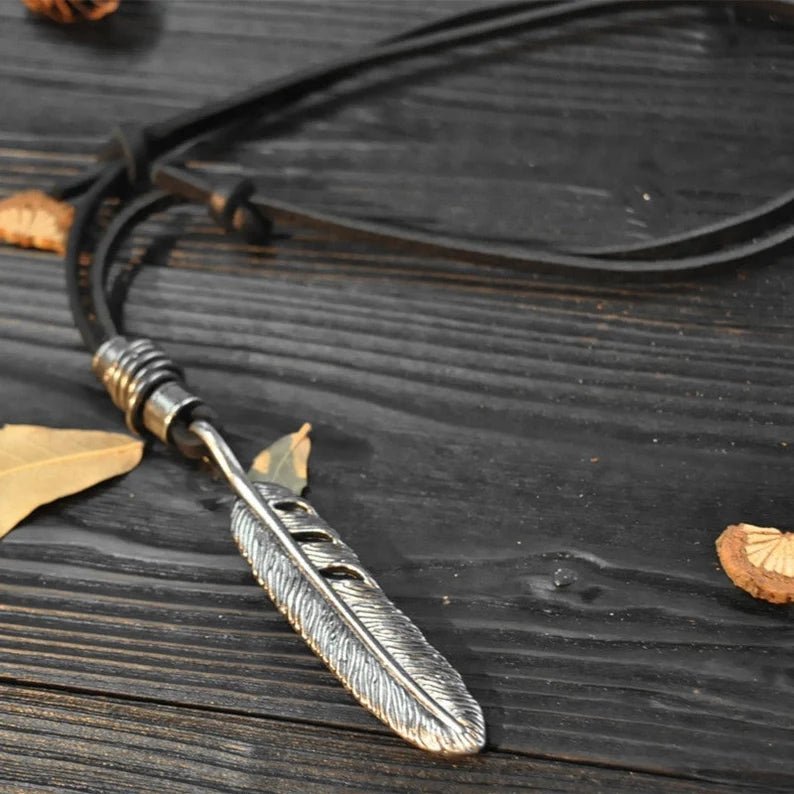 Leather Men Feather Design Pendant Necklace With Adjustable Rope - Ornaments Co - Black