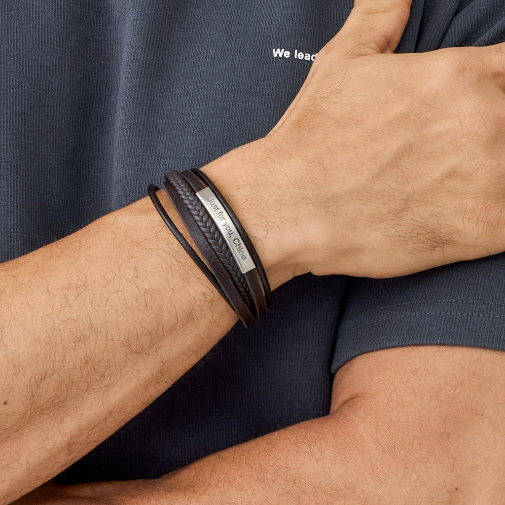 Personalized Engraved Men's Black Braided Leather Bracelet - Ornaments Co - 7.5 inches