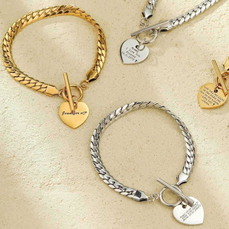 Snake Bone Chain Engraving Heart Bracelet - Ornaments Co - 18K Gold Plated